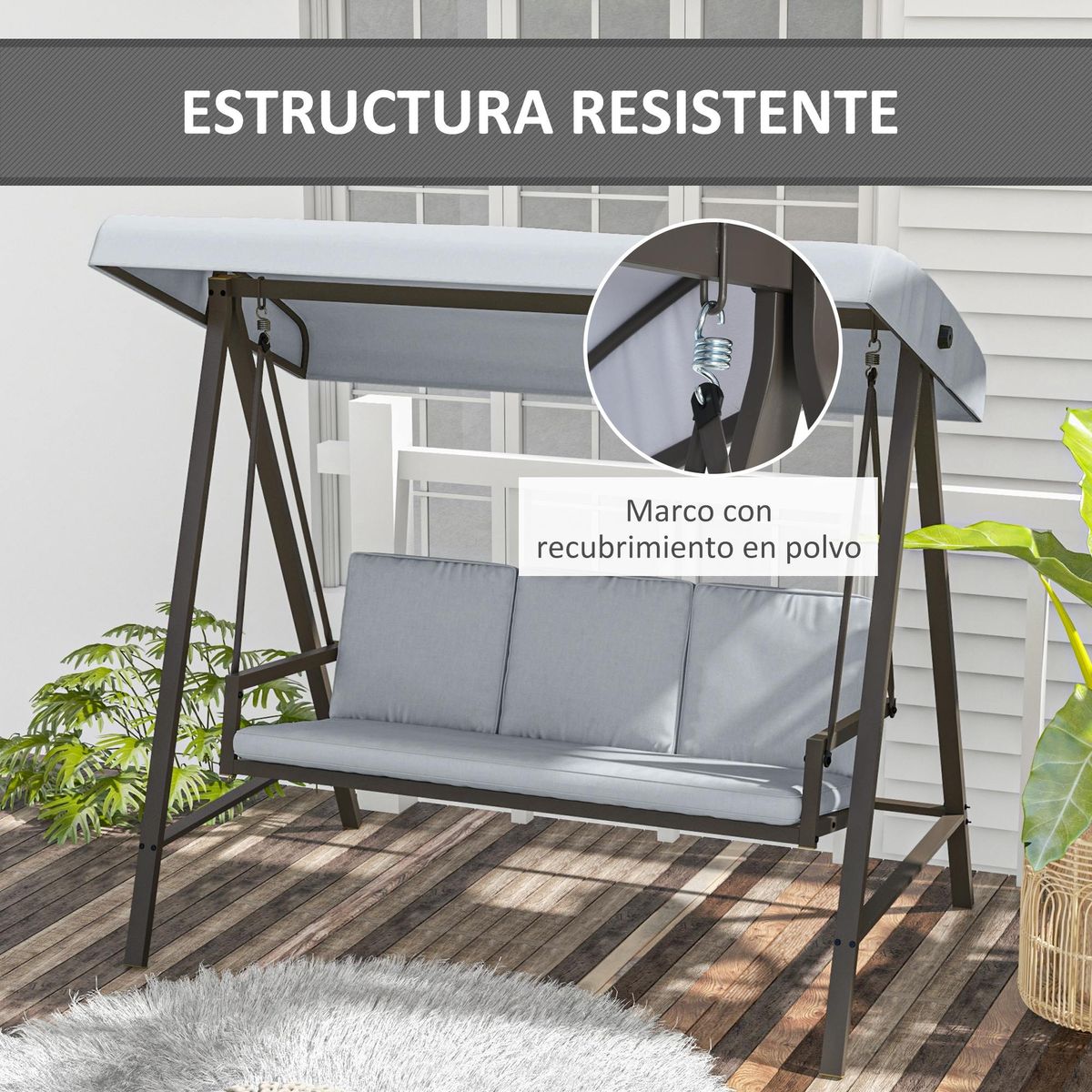 Columpio de jardín Madeira 3 plazas con toldo ajustable gris 175x200x125 cm