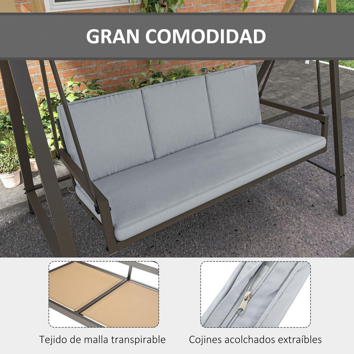 Columpio de jardín Madeira 3 plazas con toldo ajustable gris 175x200x125 cm