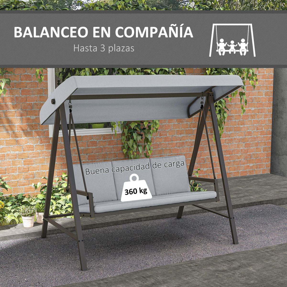 Columpio de jardín Madeira 3 plazas con toldo ajustable gris 175x200x125 cm