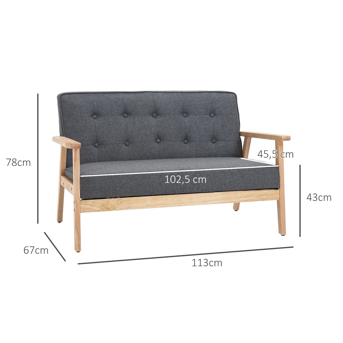 Sofá Craik Homcom 2 plazas patas antideslizantes gris 78x113x67 cm
