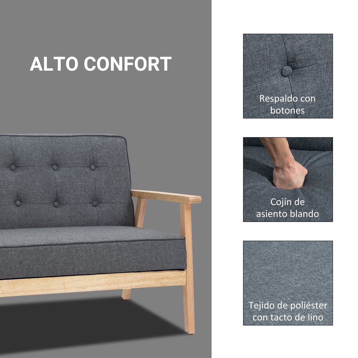 Sofá Craik Homcom 2 plazas patas antideslizantes gris 78x113x67 cm