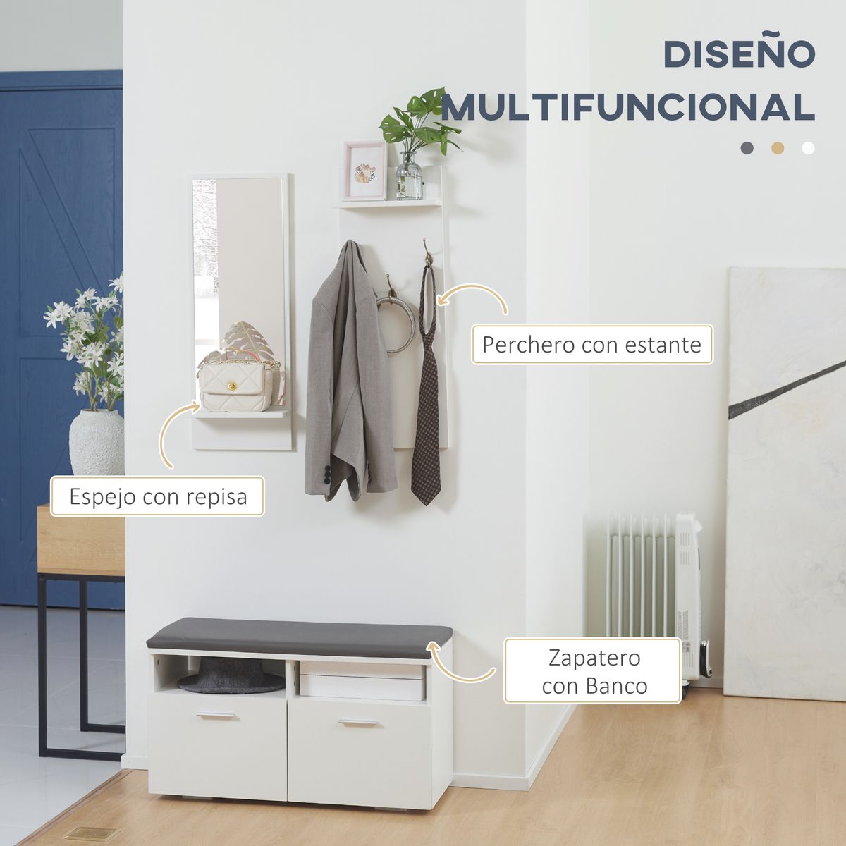 Recibidor Koler Homcom espejo + 3 ganchos + zapatero blanco