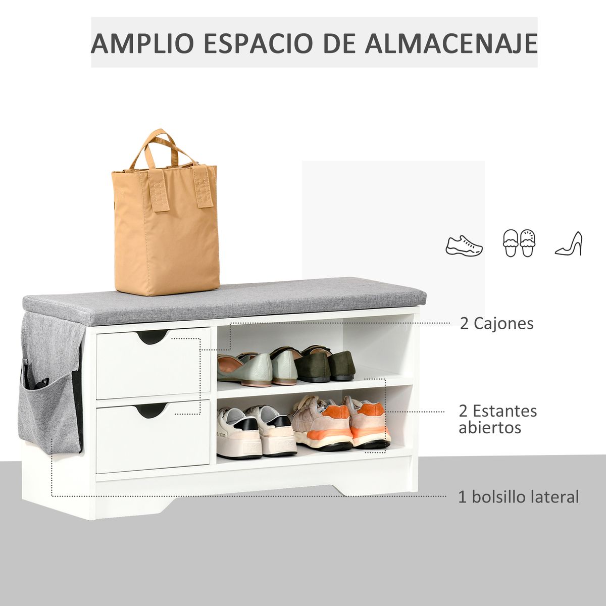 Banco zapatero Craig Homcom 2 cajones + estante blanco/gris 43,5x80,5x30,5 cm