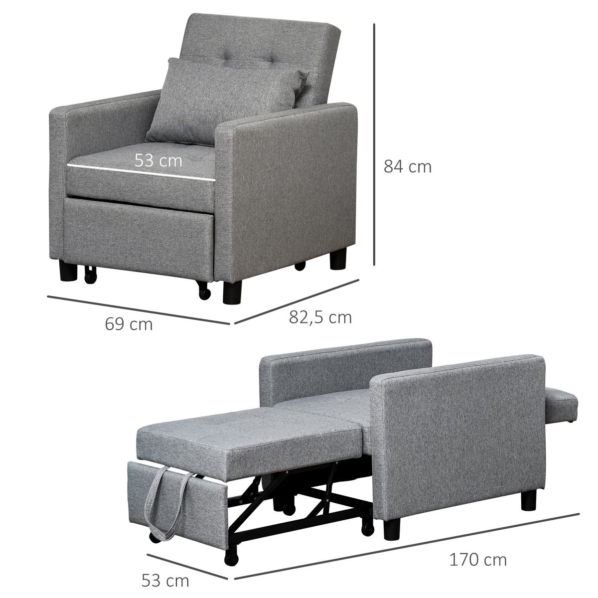 Sofá cama Langar Homcom individual con 4 ruedas gris 84x69x77 cm