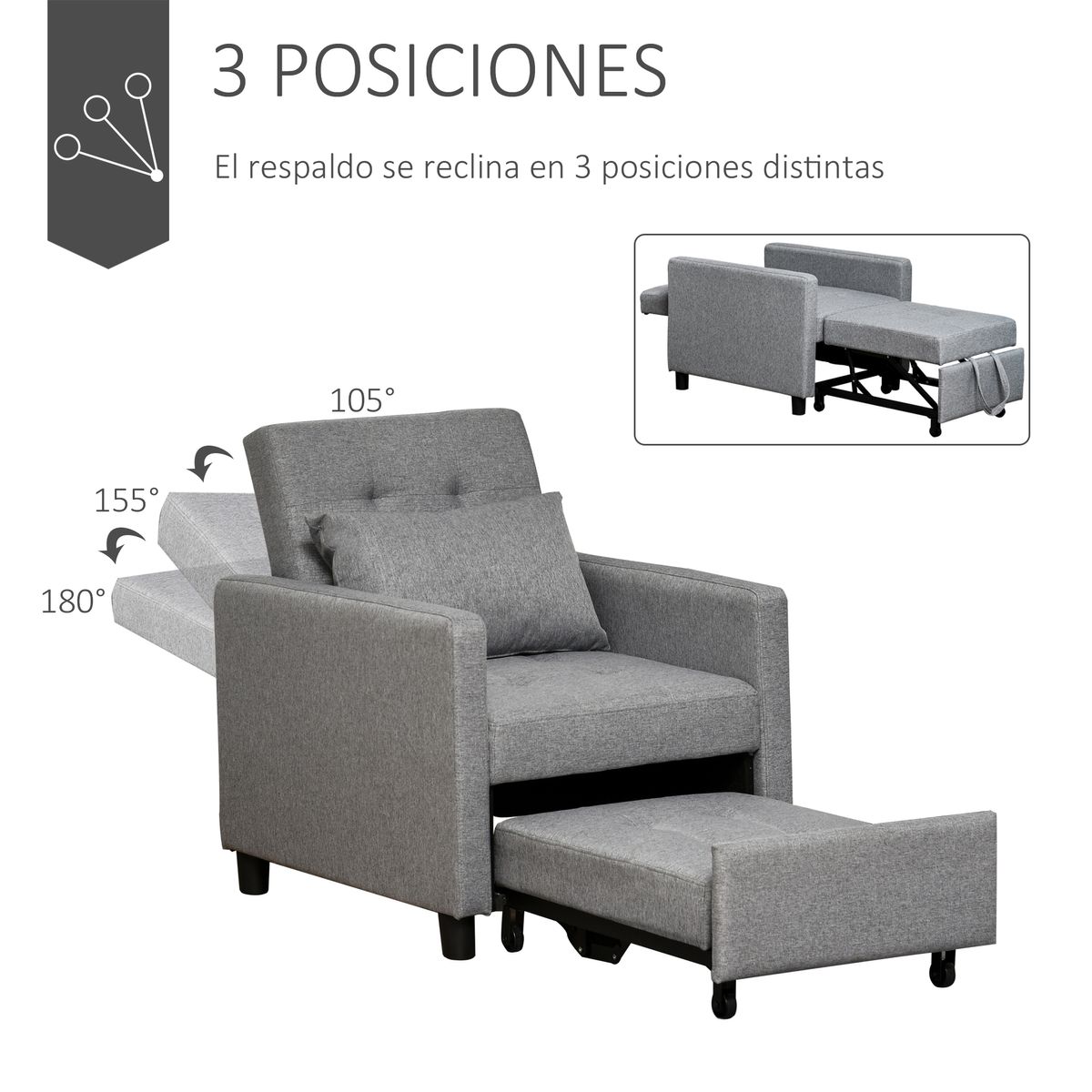 Sofá cama Langar Homcom individual con 4 ruedas gris 84x69x77 cm