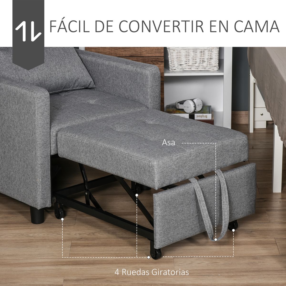 Sofá cama Langar Homcom individual con 4 ruedas gris 84x69x77 cm