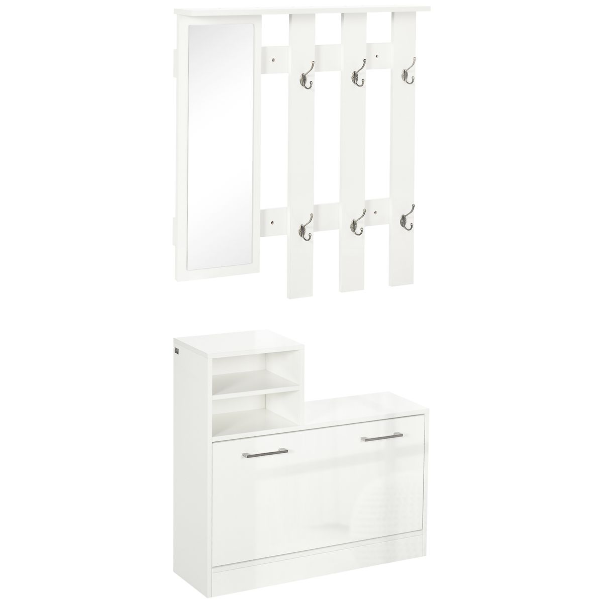 Recibidor Lauker Homcom espejo + 6 ganchos + zapatero blanco