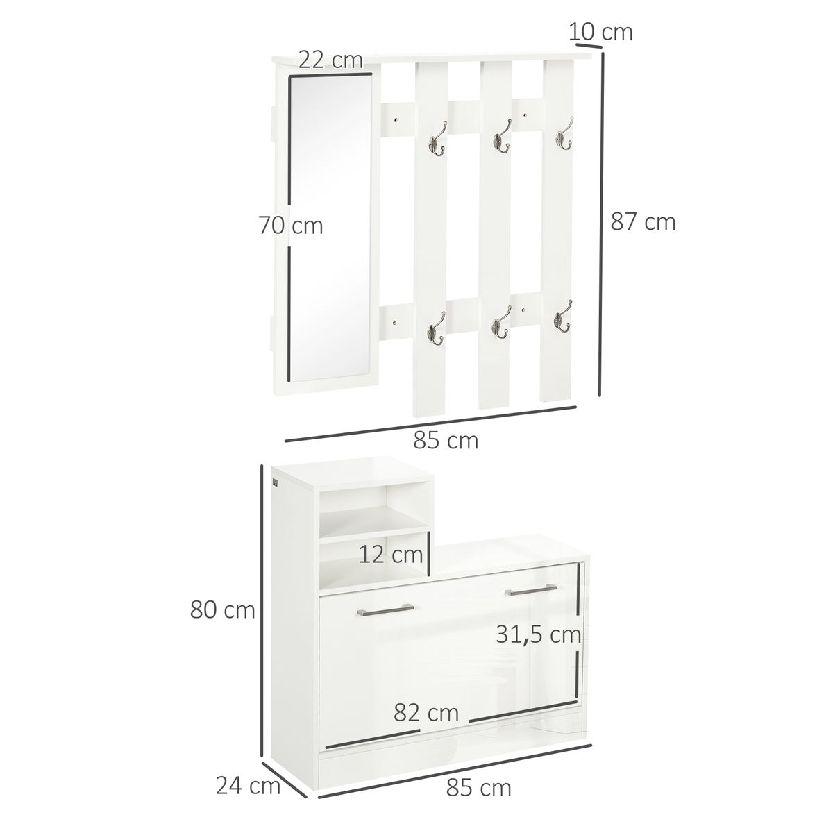 Recibidor Lauker Homcom espejo + 6 ganchos + zapatero blanco