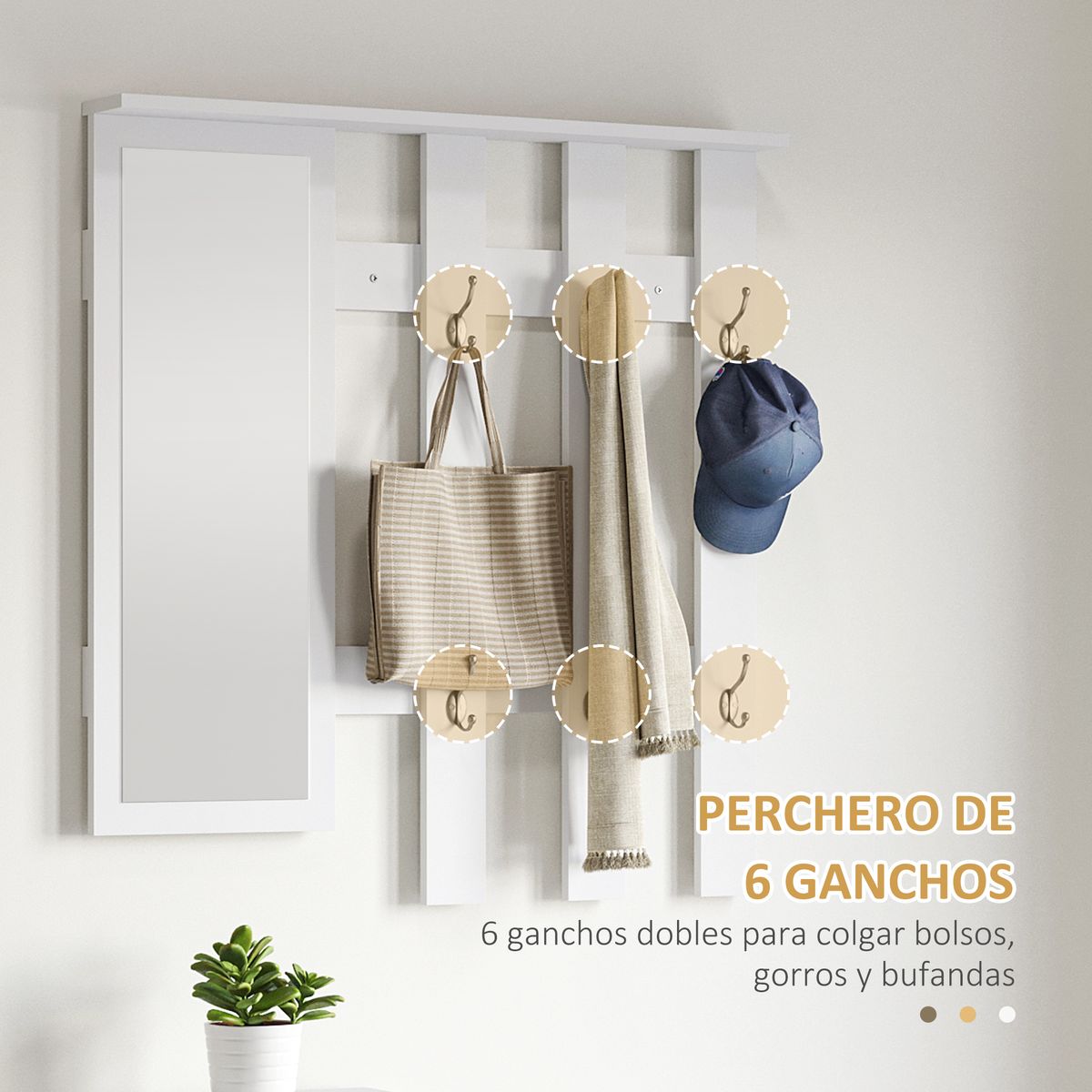 Recibidor Lauker Homcom espejo + 6 ganchos + zapatero blanco