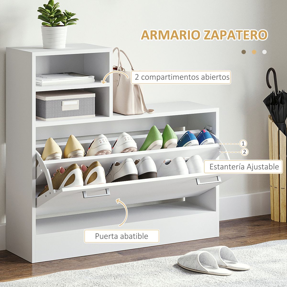 Recibidor Lauker Homcom espejo + 6 ganchos + zapatero blanco