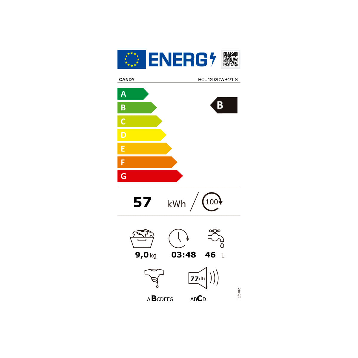 Lavadora Candy HCU1292DWB4/1-S 9kg 1200 rpm WiFi + NFC B blanco 85 cm eficiencia-energetica