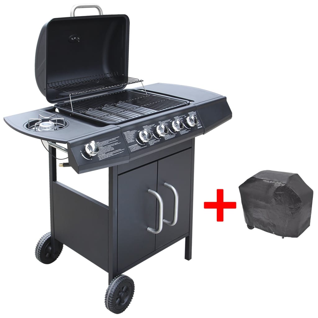 Barbacoa de gas con grill 4+1 zonas negro 97,7x104x55,4 cm