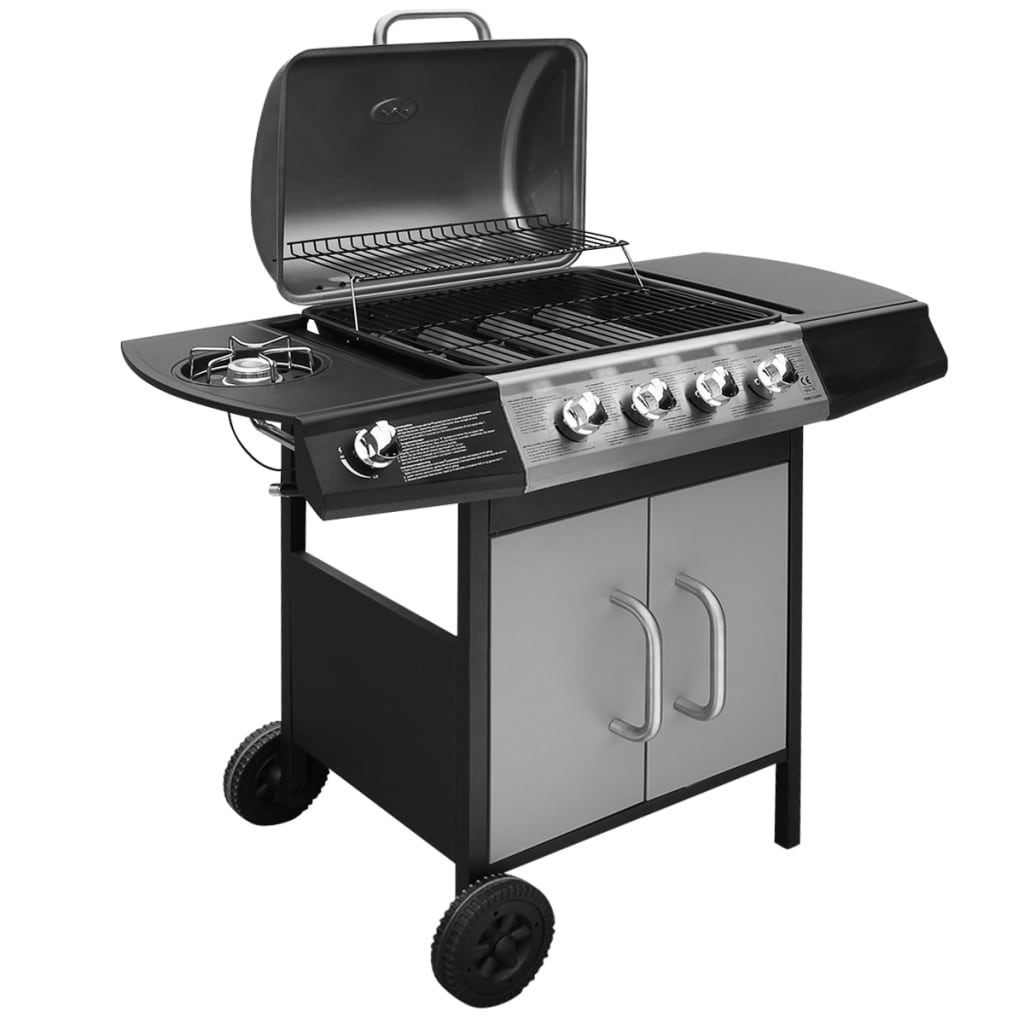 Barbacoa de gas con grill 4+1 zonas negro/plata 97,7x104x55,4 cm