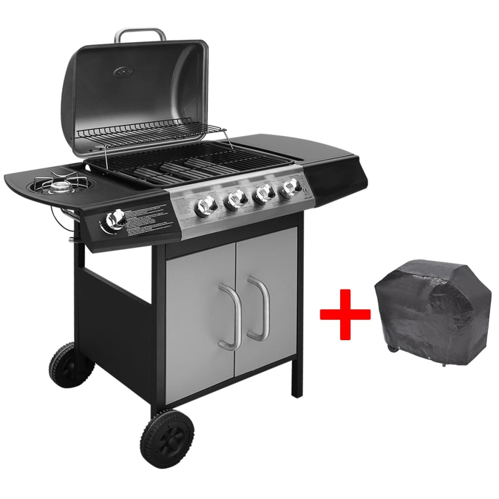 Barbacoa de gas con grill 4+1 zonas negro/plata 97,7x104x55,4 cm