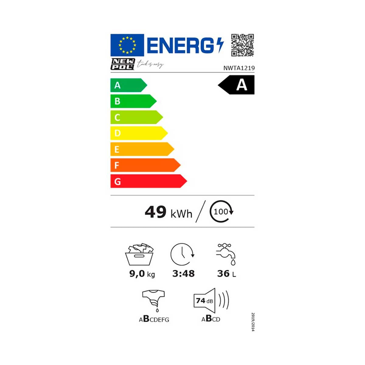 Lavadora New Pol  NWTA1219 9kg 1200 rpm Twin Jet System A blanco 84,5 cm eficiencia-energetica