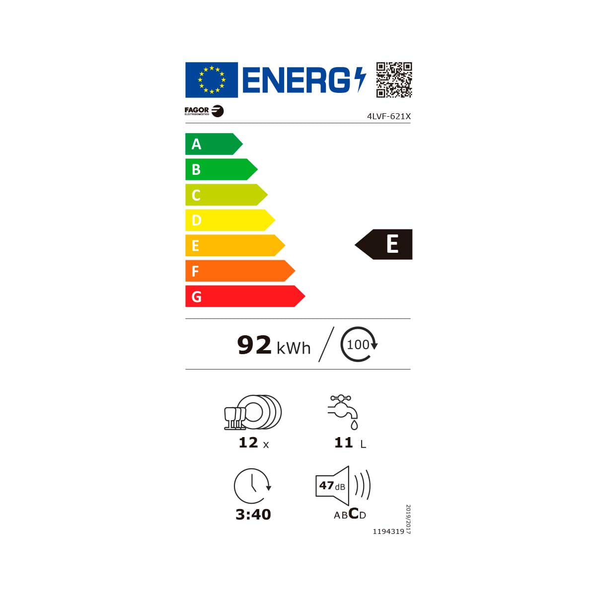 Lavavajillas Fagor 4LVF-621X 12 cubiertos 6 programas E inox 60 cm eficiencia-energetica