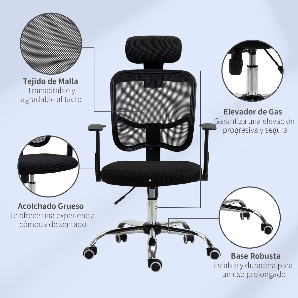 Silla de oficina Wark altura ajustable con reposacabezas negro 109-117x63x62 cm