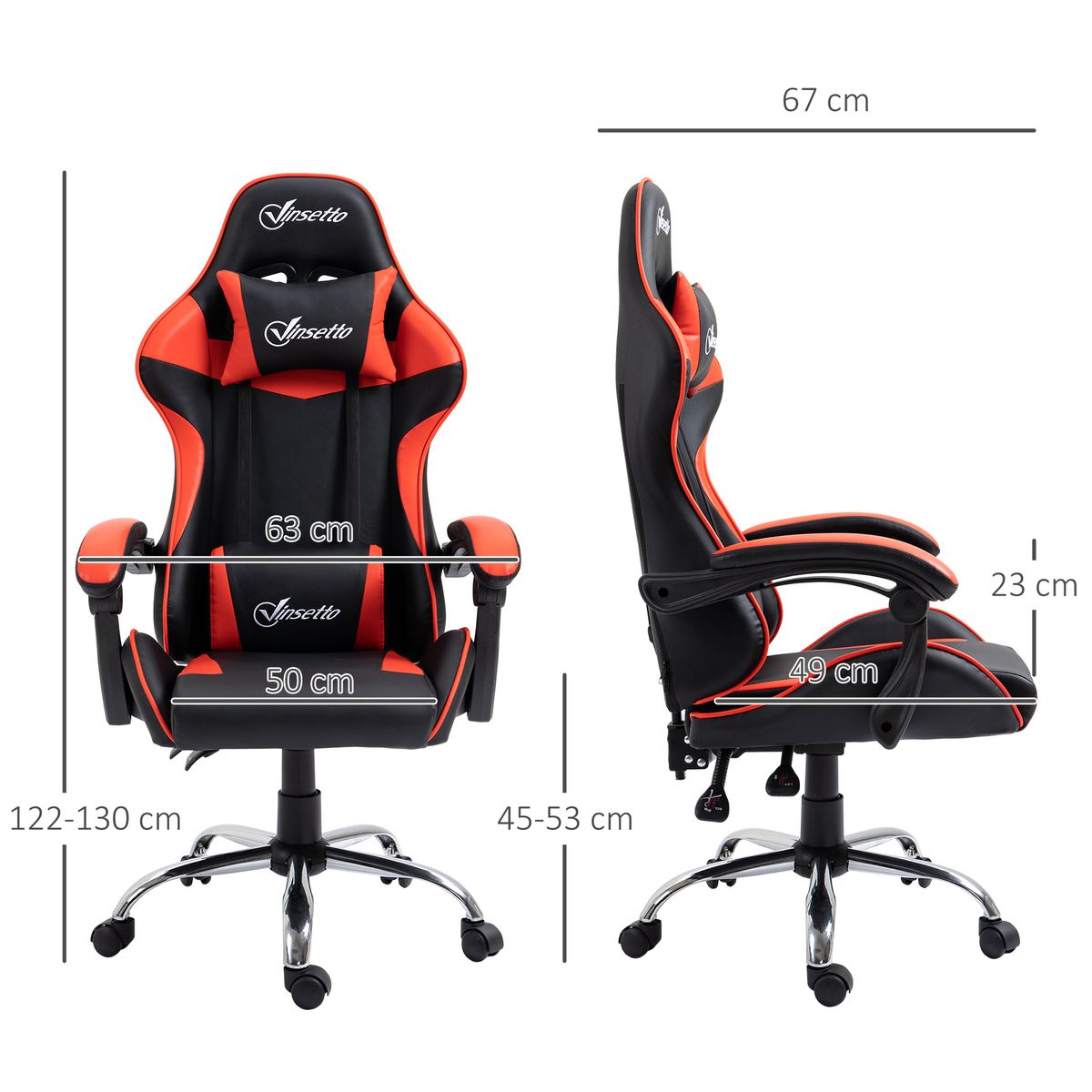 Silla Coyote gaming Vinsetto altura ajustable con cojín lumbar rojo 122-130x63x67 cm