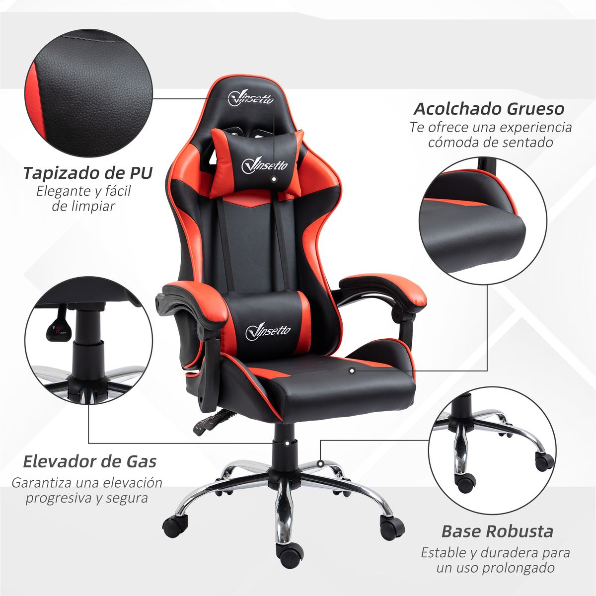 Silla Coyote gaming Vinsetto altura ajustable con cojín lumbar rojo 122-130x63x67 cm