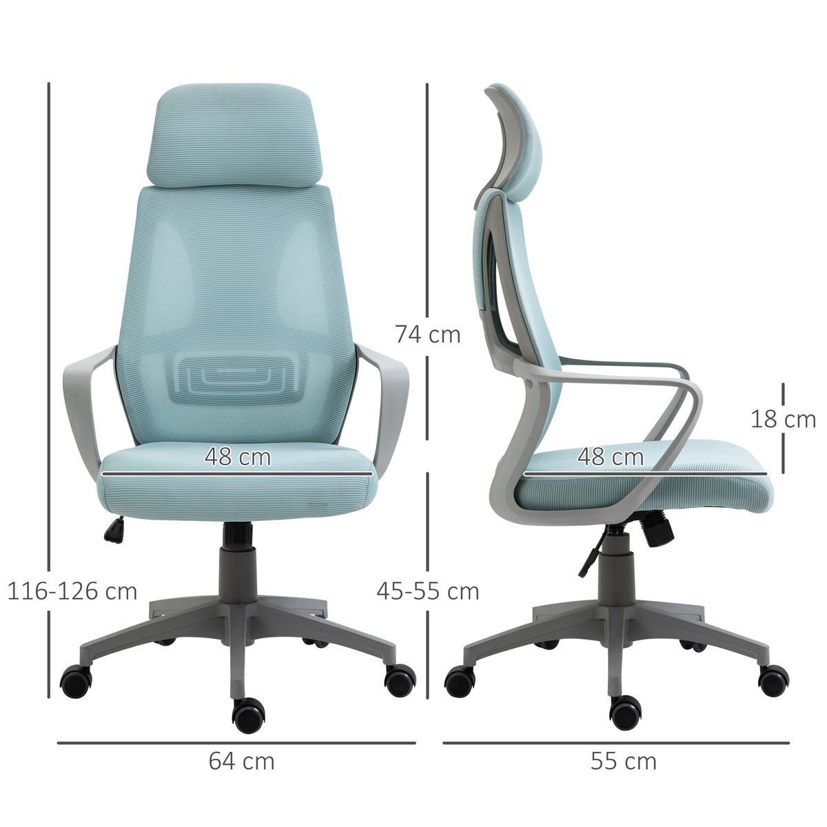 Silla de oficina Stowe Vinsetto ajustable en altura con ruedas azul 116-126x64x55 cm