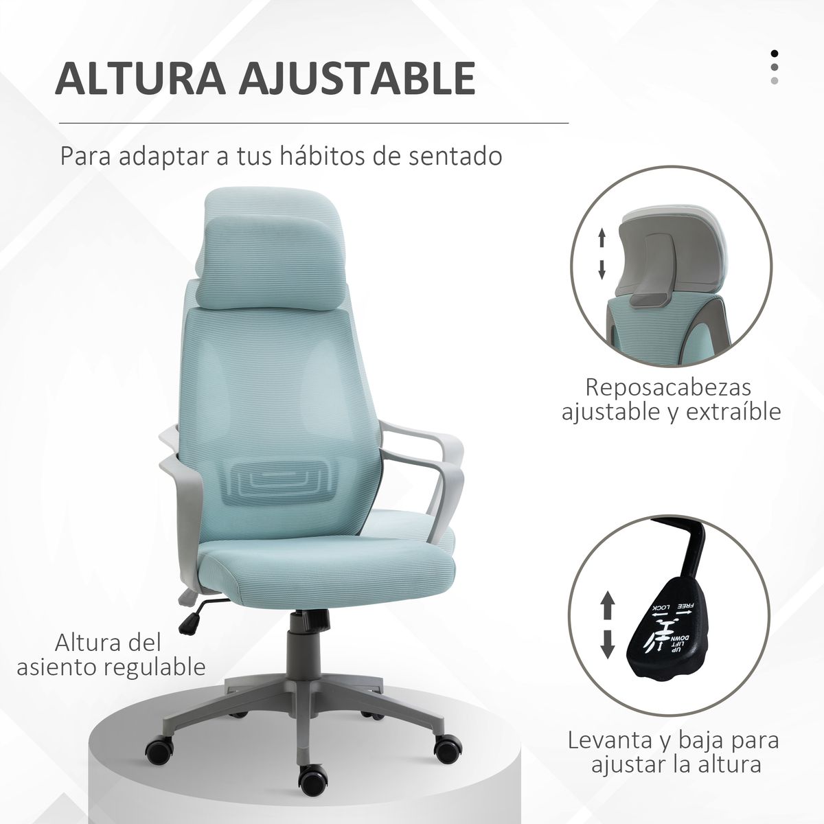 Silla de oficina Stowe Vinsetto ajustable en altura con ruedas azul 116-126x64x55 cm