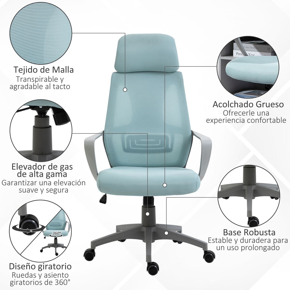 Silla de oficina Stowe Vinsetto ajustable en altura con ruedas azul 116-126x64x55 cm
