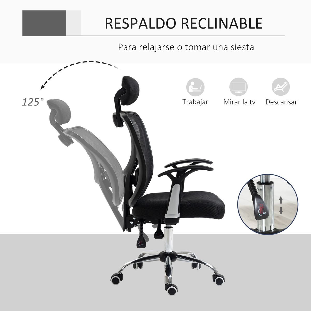 Silla de oficina Farlow Vinsetto altura ajustable + reposacabezas negro 108-118x62x67 cm