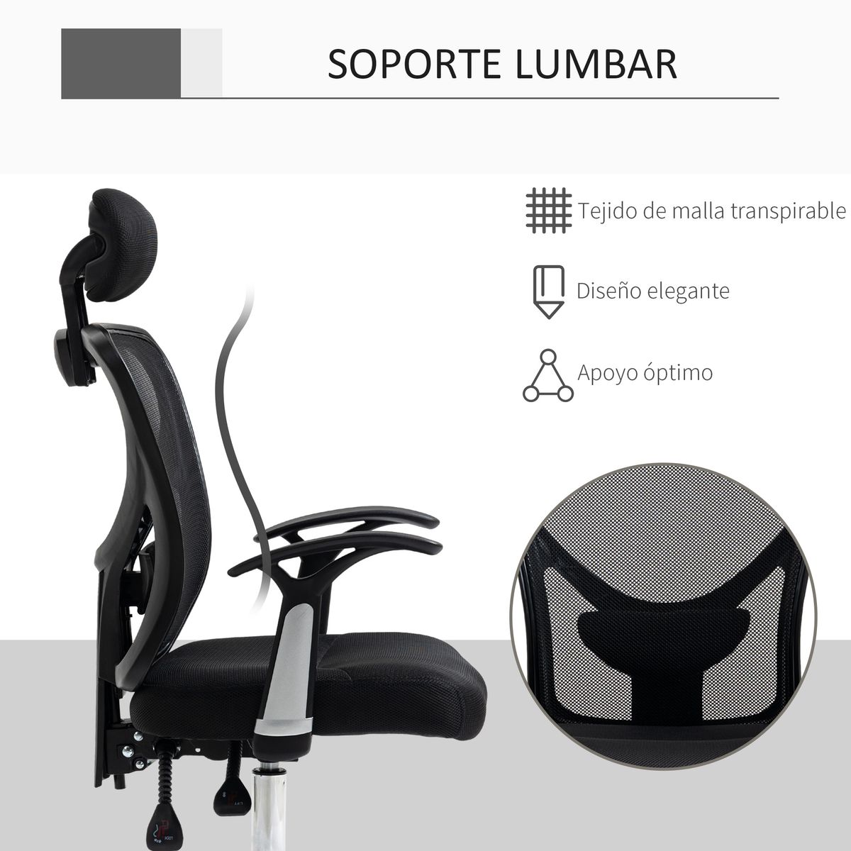 Silla de oficina Farlow Vinsetto altura ajustable + reposacabezas negro 108-118x62x67 cm