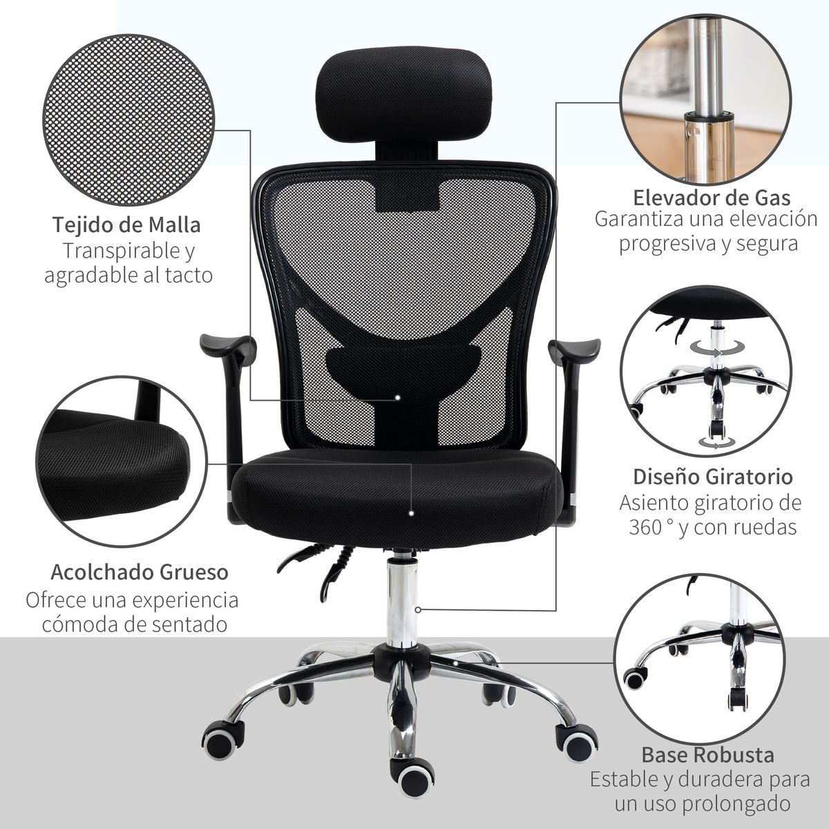 Silla de oficina Farlow Vinsetto altura ajustable + reposacabezas negro 108-118x62x67 cm