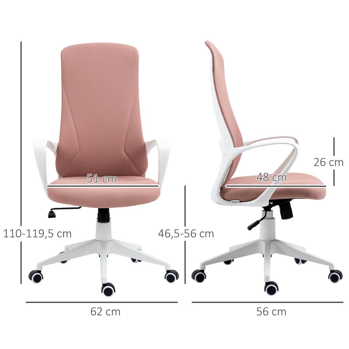 Silla de oficina Warton Vinsetto altura ajustable baculante rosa 110-119,5x62x56 cm