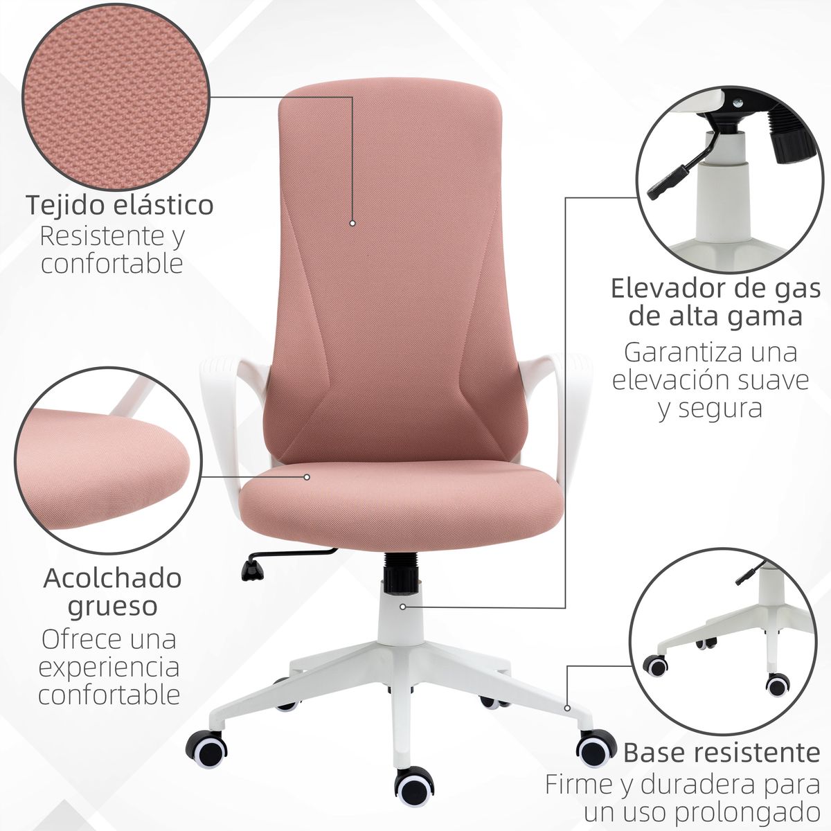 Silla de oficina Warton Vinsetto altura ajustable baculante rosa 110-119,5x62x56 cm