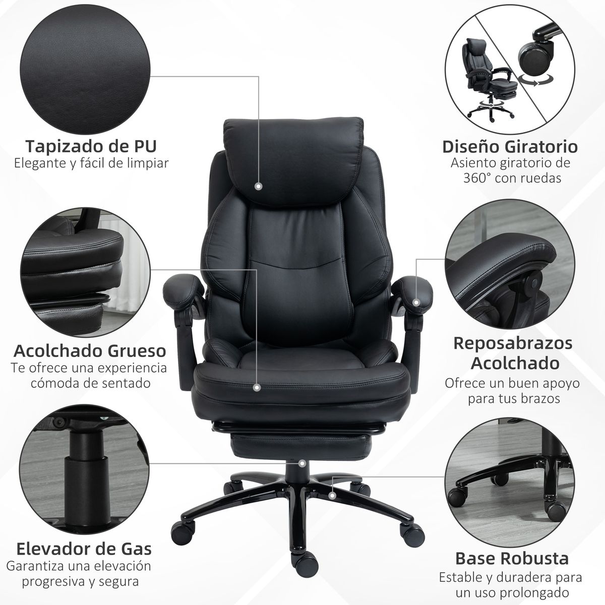 Silla de oficina Kolma Vinsetto altura ajustable respaldo inclinable negro 112-118x73x66 cm