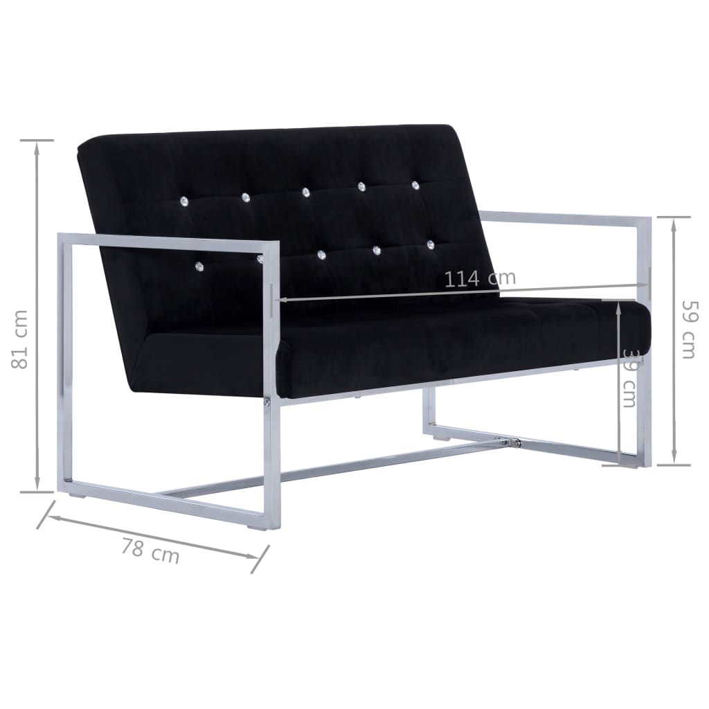 Sofá de 2 plazas Varel con reposabrazos cromados negro 81x114x78 cm