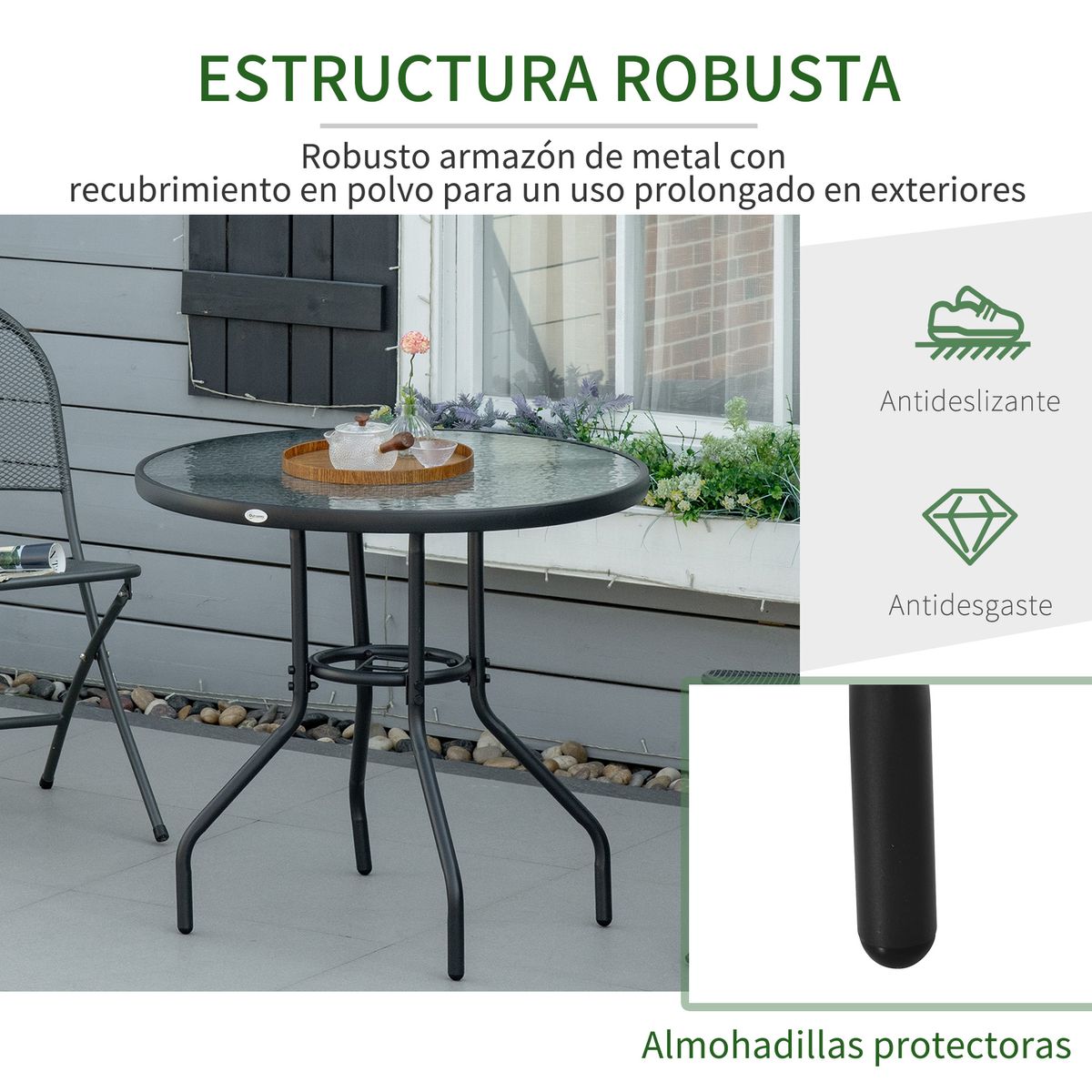 Mesa de jardín Stoke Outsunny redonda con agujero para sombrilla negro Ø80x72 cm