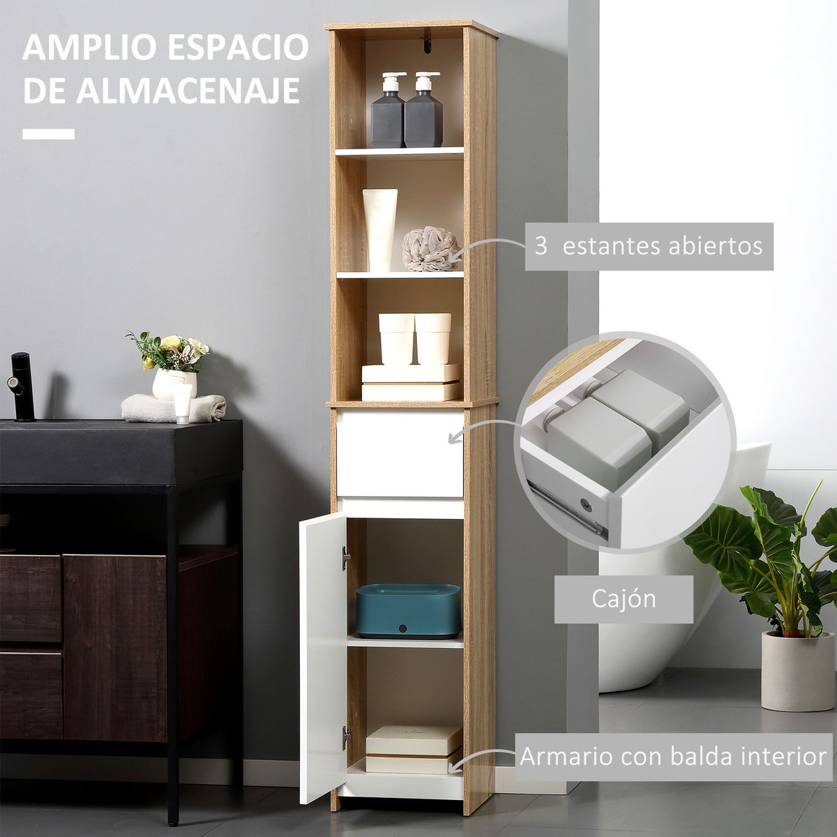 Armario Sutton Kleankin cajón + 3 estantes natural/blanco 171,2x32,6x30 cm