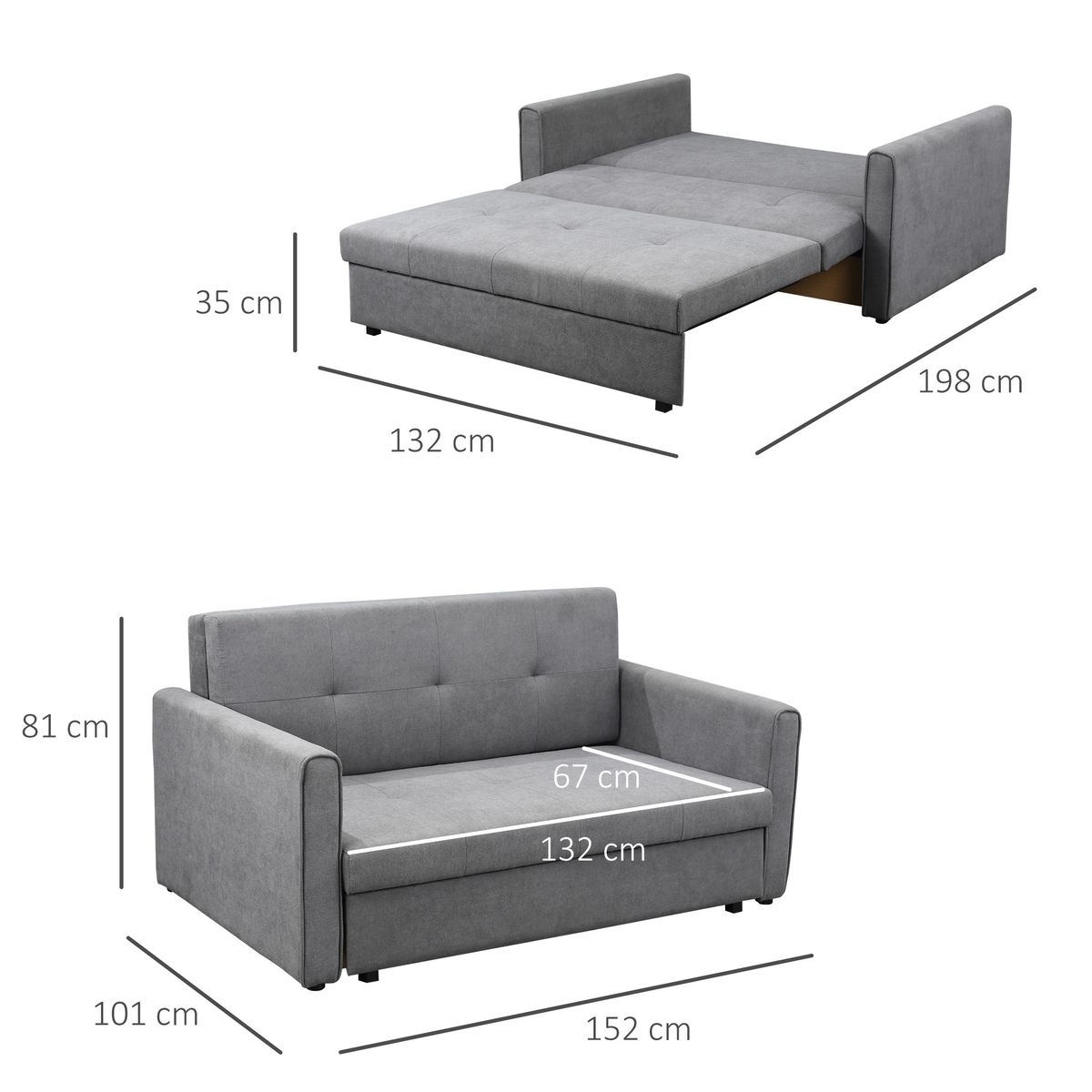 Sofá cama Lyla Homcom 2 plazas reposabrazos gris 81x152x101 cm