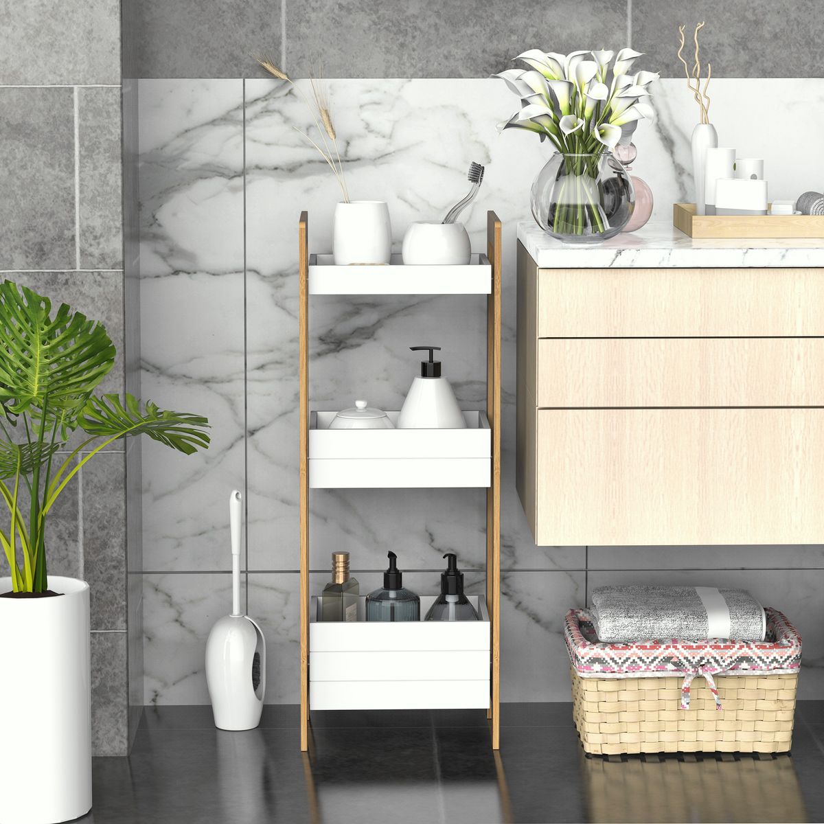 Estantería Huby Homcom 3 estantes blanco/natural 74x27,5x20,8 cm