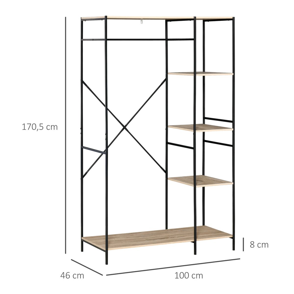 Perchero Milse Homcom 4 estantes + barra natural/negro 170,5x100x46 cm