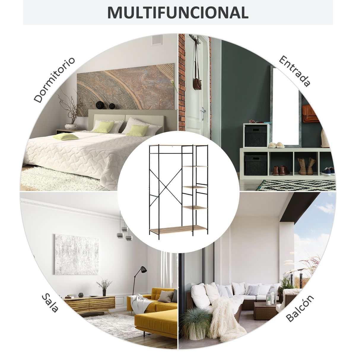 Perchero Milse Homcom 4 estantes + barra natural/negro 170,5x100x46 cm
