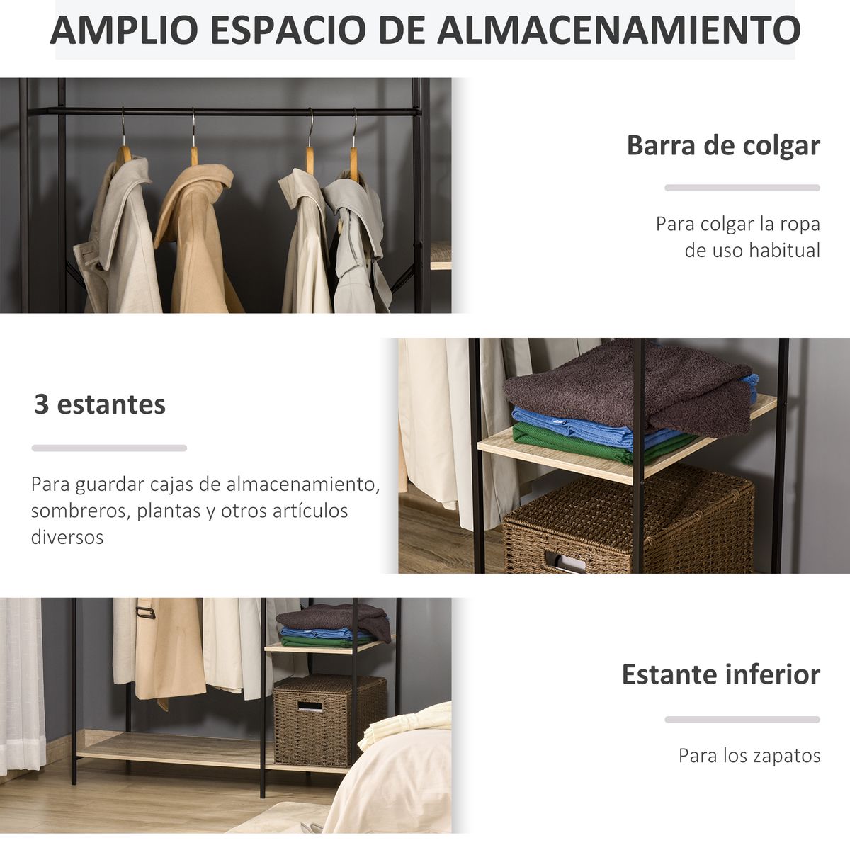 Perchero Milse Homcom 4 estantes + barra natural/negro 170,5x100x46 cm