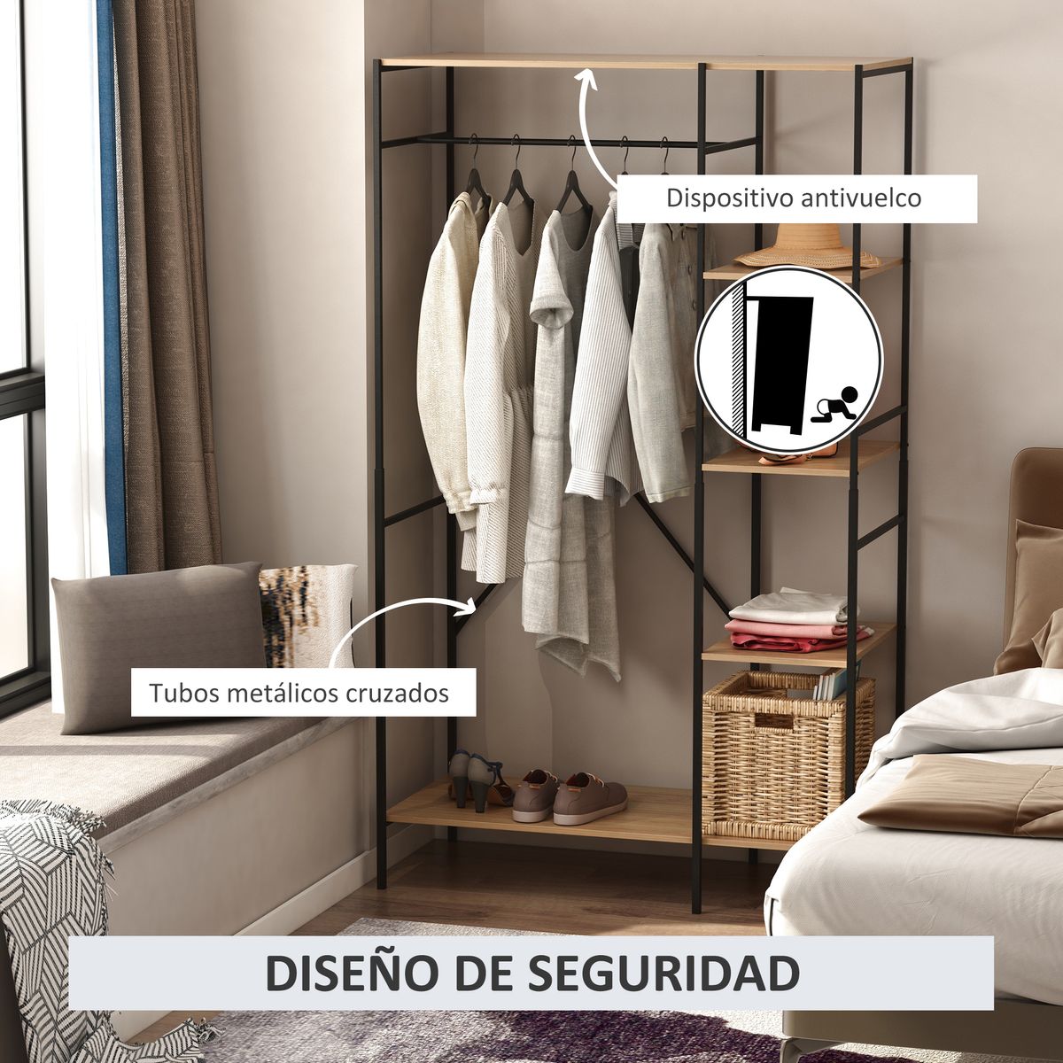 Perchero Milse Homcom 4 estantes + barra natural/negro 170,5x100x46 cm
