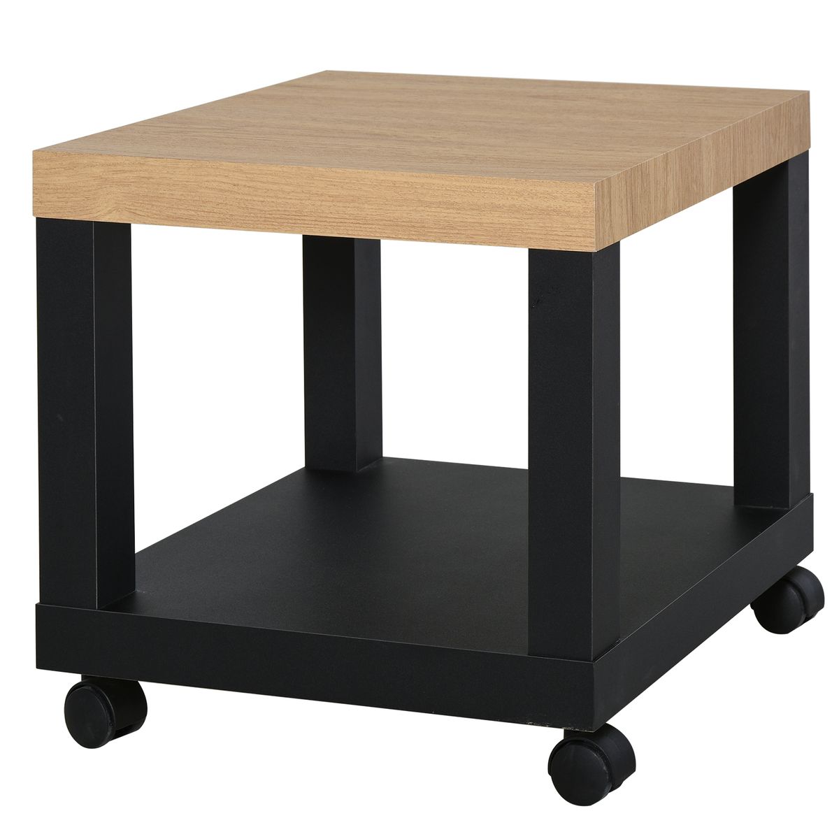 Mesa auxiliar Caster Homcom con ruedas + estante abierto negro/natural 40x40x40 cm