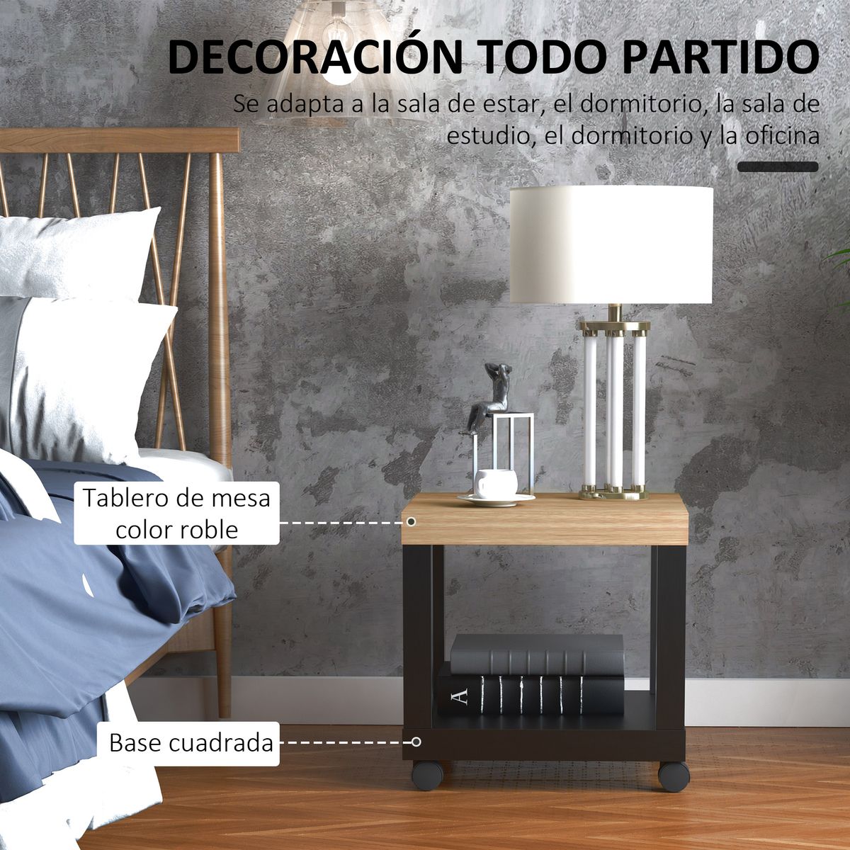 Mesa auxiliar Caster Homcom con ruedas + estante abierto negro/natural 40x40x40 cm