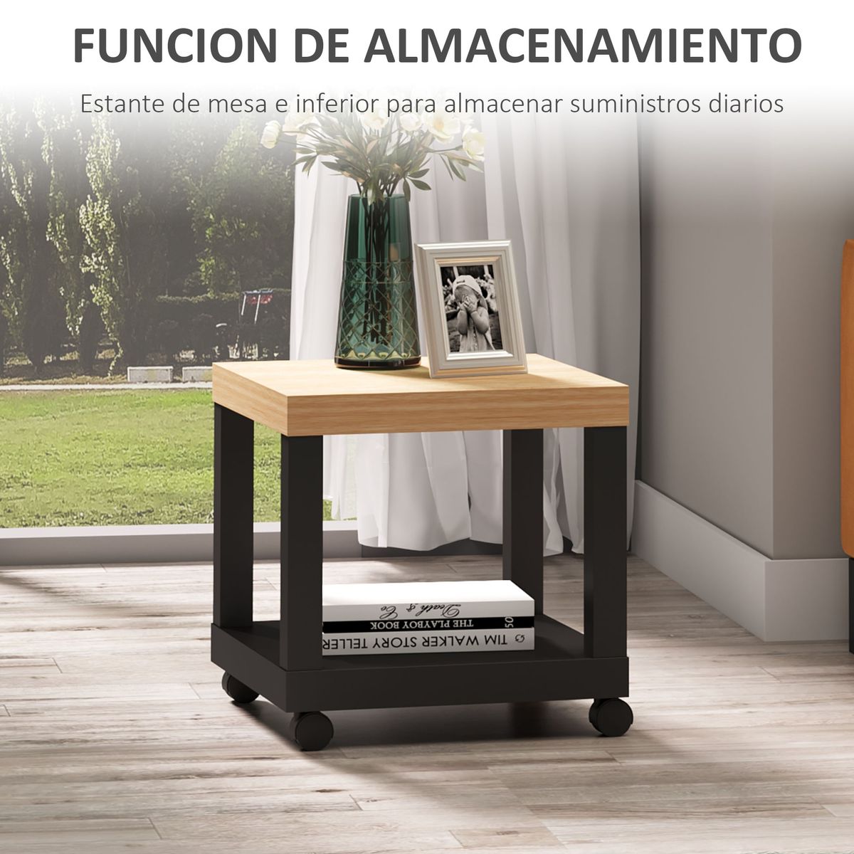 Mesa auxiliar Caster Homcom con ruedas + estante abierto negro/natural 40x40x40 cm