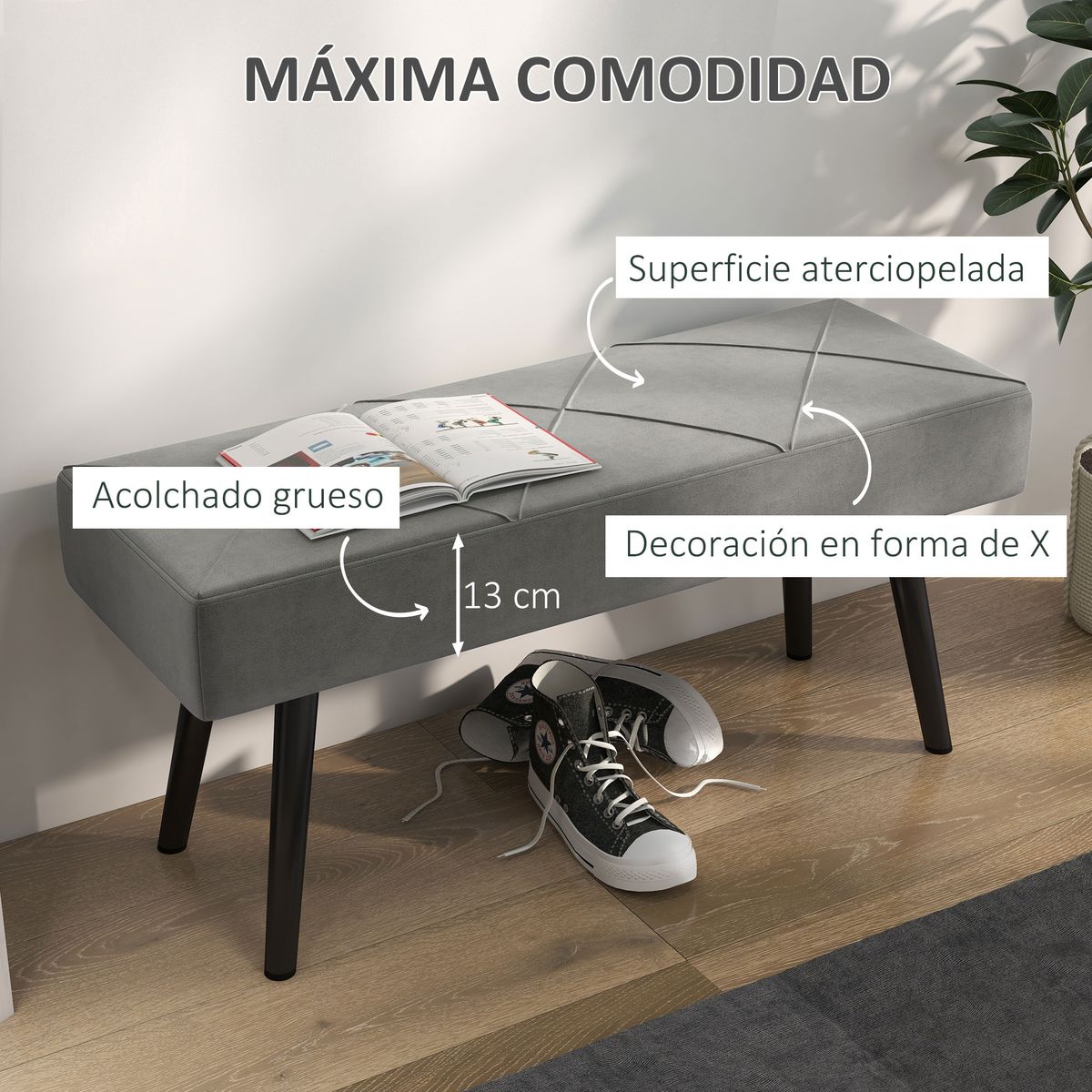 Banco Sojo Homcom acolchado gris 45x100x36 cm