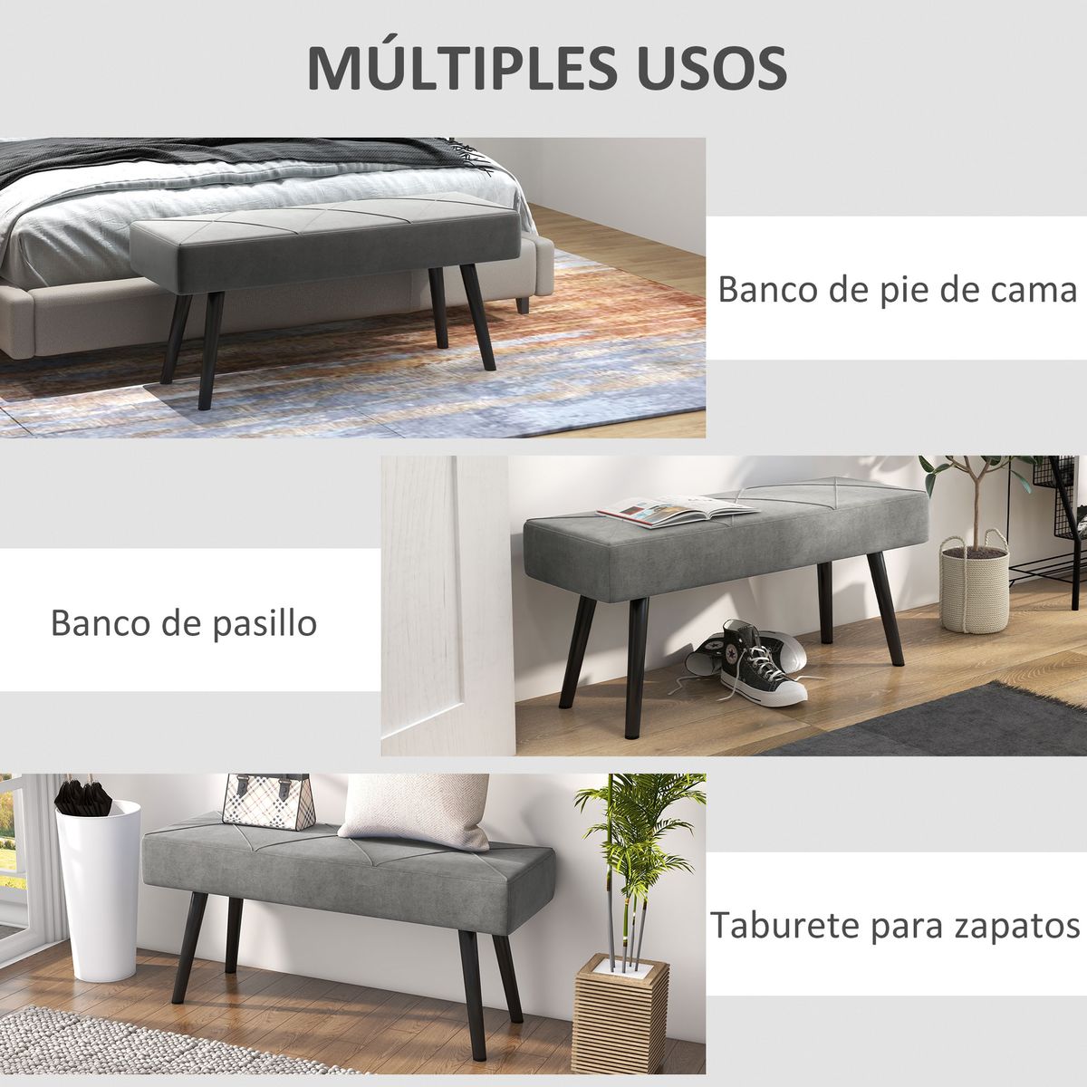 Banco Sojo Homcom acolchado gris 45x100x36 cm