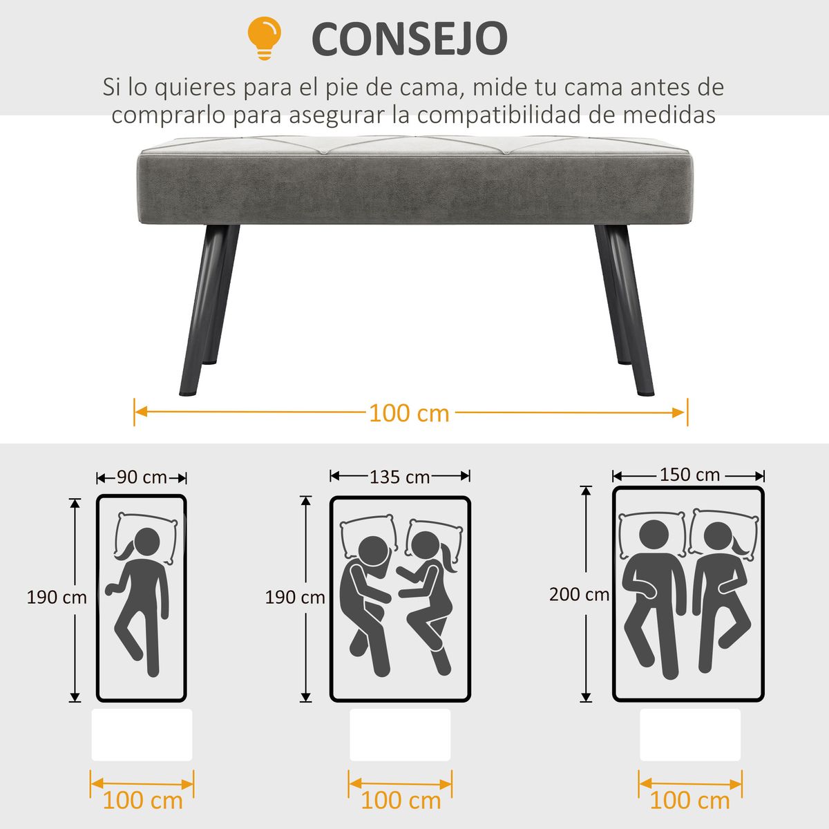 Banco Sojo Homcom acolchado gris 45x100x36 cm