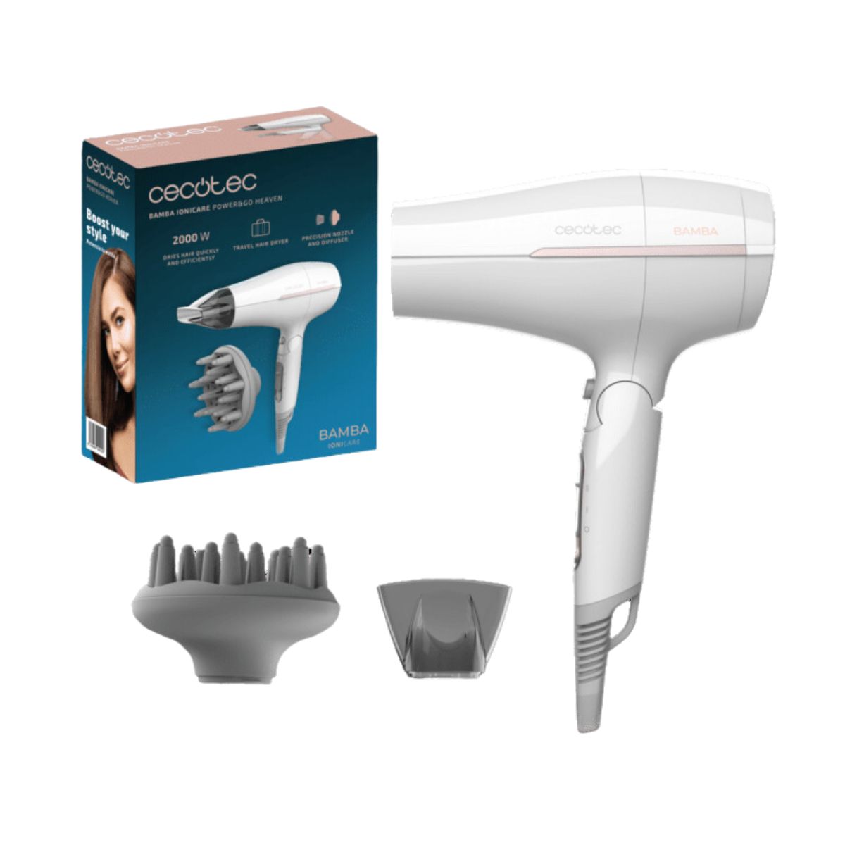 Secador-de-pelo-Cecotec-IoniCare-Power-Go-Heaven-2000W-con-accesorios-blanco