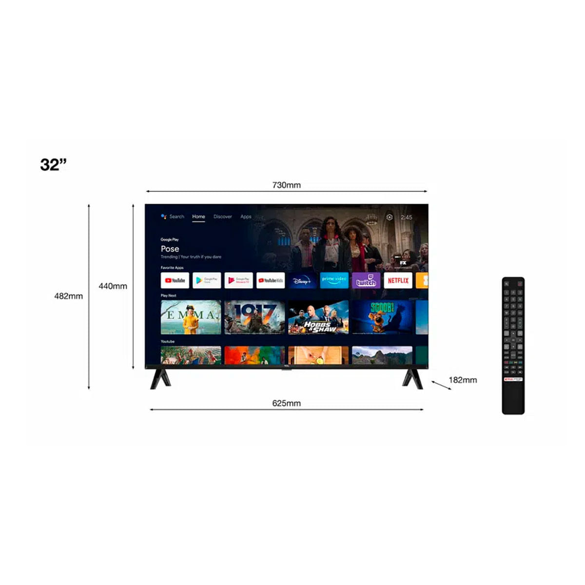 Televisor Smart TV TCL 32S5400A HD LED 32’’ Android TV 11 F negro medidas
