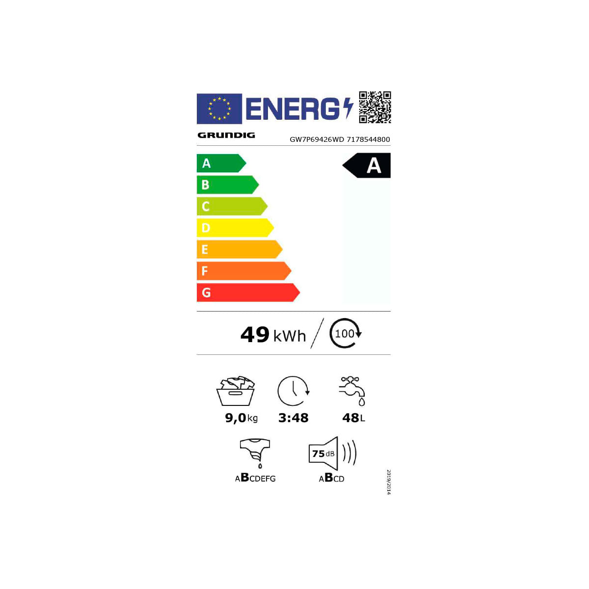 Lavadora Grundig GW7P69426WD 9kg 1400 rpm Motor Eco Inverter Bluetooth A blanco 84,5 cm eficiencia-energetica